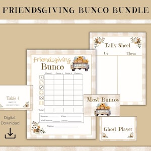 Friendsgiving Bunco druckbares Bündel, Friendsgiving Bunco, Punktekarten, Tally Sheets, Preiskategoriekarten, Geisterspielerkarte, Willkommensschild