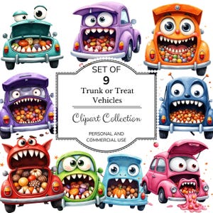 May include: A set of 9 Trunk or Treat Vehicles Clipart Collection. The image shows cartoon cars with monster faces and open mouths filled with sweets. The cars are in various colours, including orange, purple, and green. The text reads "Personal and Commercial Use."