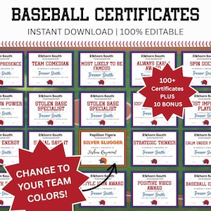 Personalized Baseball Award Templates, Baseball Certificate Printable Awards, End of Year Awards Sports Certificates, Baseball Superlatives