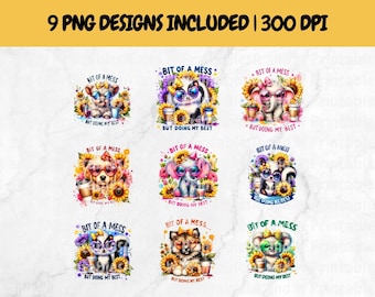 Bit of a Mess But Doing My Best Funny Anxiety PNG's, Sarcastic Animal Mental Health Coffee Lover PNG Bundle, Sublimation Design, 9 PNG's