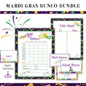 Mardi Gras Bunco Printable Bundle, March Bunco, Mardi Gras Bunco Set, Mardi Gras Dice Game, Fat Tuesday Bunco Party, Fat Tuesday Party Game
