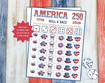Juego imprimible "América 250", juego de dados patrióticos, actividad infantil del 4 de julio, juego del 250.º aniversario de EE. UU., juego de fiesta del Día de la Independencia