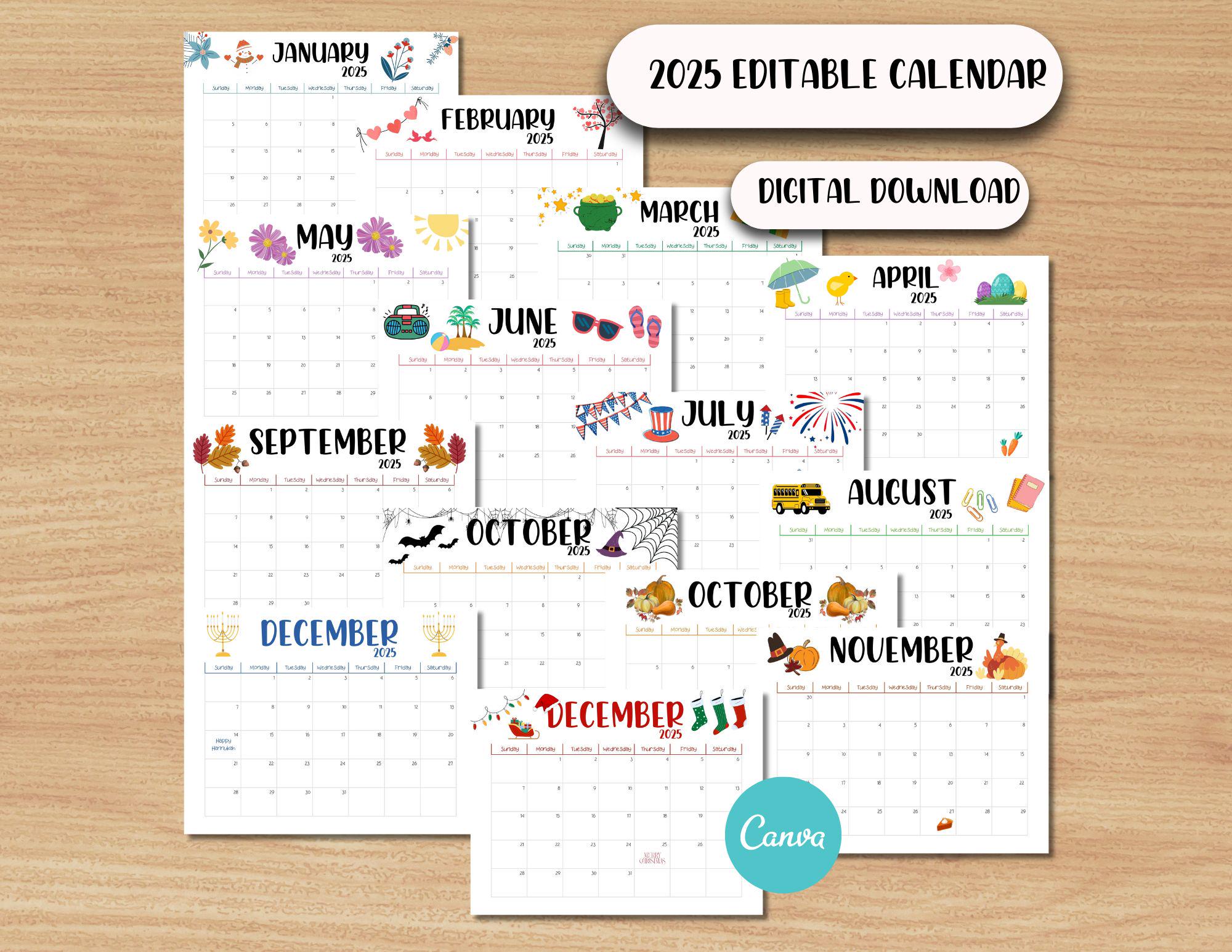 Printable Calendars, 2025 Printable Calendars, Editable 2025 Monthly