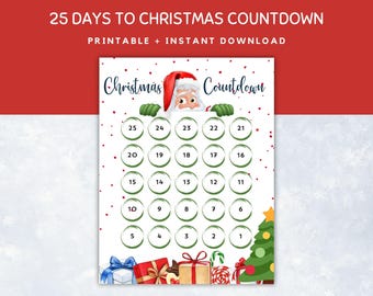 Pagina del calendario del conto alla rovescia di 25 giorni per Natale, attività del conto alla rovescia di Natale per bambini, calendario dell'avvento stampabile, attività natalizia per bambini