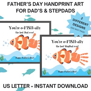 Manualidad con huella de mano para el Día del Padre con temática de pesca, regalo para papá y padrastros, arte con huella de mano de pez de pesca, imprimible para el Día del Padre, manualidades para niños