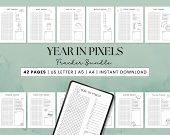 May include: A digital planner bundle titled "Year in Pixels" with various tracker pages, including step, water, and weather trackers. The bundle includes 42 pages and is available in US Letter, A5, and A4 sizes for instant download.