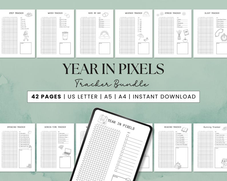 Year in Pixels Tracker Printable Bundle Mood Tracker Daily Habit ...