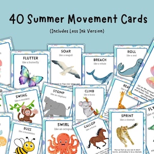 Puede incluir: Un conjunto de 40 tarjetas de Movimientos de Verano con ilustraciones de animales y acciones como "Salta como una medusa" y "Alza el vuelo como una gaviota". Las tarjetas tienen un borde azul claro y est&aacute;n dise&ntilde;adas para actividades infantiles.