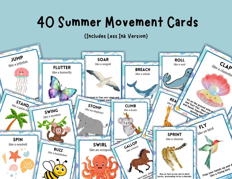 Puede incluir: Un conjunto de 40 tarjetas de Movimientos de Verano con ilustraciones de animales y acciones como "Salta como una medusa" y "Alza el vuelo como una gaviota". Las tarjetas tienen un borde azul claro y est&aacute;n dise&ntilde;adas para actividades infantiles.