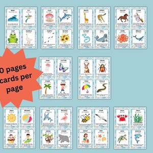 Puede incluir: Juego de tarjetas ilustradas con acciones como "Bend", "Fly" y "Clap". Cada tarjeta presenta una imagen colorida y una palabra correspondiente. La imagen tambi&eacute;n incluye el texto "10 pages 4 cards per page."