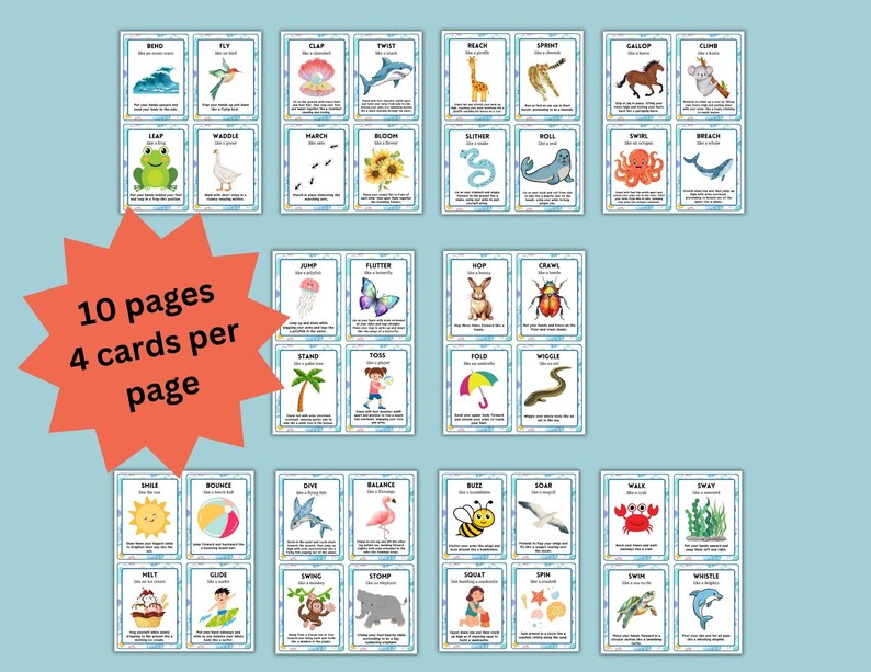 Puede incluir: Juego de tarjetas ilustradas con acciones como "Bend", "Fly" y "Clap". Cada tarjeta presenta una imagen colorida y una palabra correspondiente. La imagen tambi&eacute;n incluye el texto "10 pages 4 cards per page."