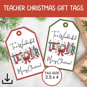 Op de afbeelding: Twee printbare kerstcadeautjes voor leraren. Elk kaartje heeft een kleurrijk "Voor een fantastische leraar" bericht met een feestelijk ontwerp en de tekst "Prettige Kerst!" De kaartjes zijn 2,5 inch bij 4 inch.
