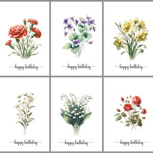 Lot de 12 cartes d'anniversaire fleur pour le mois de naissance, cartes de voeux, carte fleur pour le mois de naissance, impression de fleurs pour le mois de naissance, cartes fleurs pour le mois de naissance, numérique