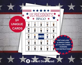 US Presidents Bingo Game, President&#39;s Day Activity, Presidential Bingo, Fun and Educational Game for Classrooms, Senior Centers, Family Game