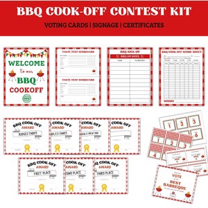Op de afbeelding: Een BBQ Cook-Off Contest Kit met stemkaarten, bewegwijzering en certificaten. De kit bevat welkomstborden, scorekaarten, aanmeldingsformulieren en onderscheidingen voor Jurykeuze, Publiekskeuze en eerste, tweede en derde plaats.