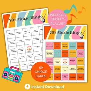 Bingo musical de los años 70, fiesta musical con temática de los años 70, juego de bingo para fiestas musicales, 50 tarjetas de bingo imprimibles únicas, tarjetas de presentación, lista de reproducción de Spotify, oficina