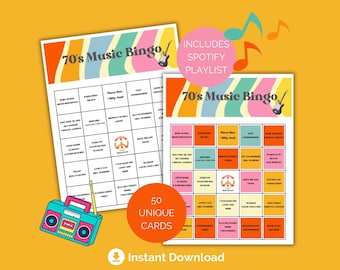 Bingo musical de los años 70, fiesta musical con temática de los años 70, juego de bingo para fiestas musicales, 50 tarjetas de bingo imprimibles únicas, tarjetas de presentación, lista de reproducción de Spotify, oficina