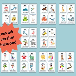 Puede incluir: Un conjunto de tarjetas con palabras de acci&oacute;n como "Clap", "Twist" y "March". Las tarjetas presentan ilustraciones coloridas de animales y objetos, con el texto "Less ink version included" en una estrella.