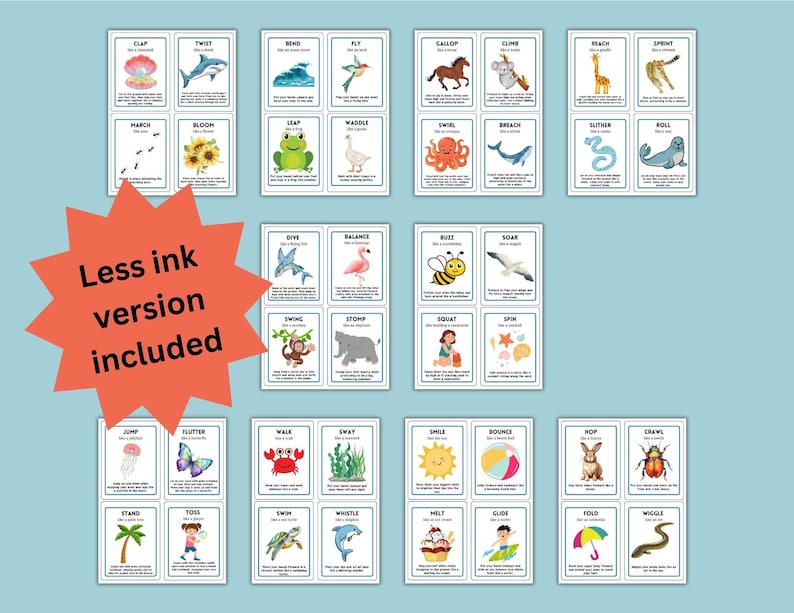 Puede incluir: Un conjunto de tarjetas con palabras de acci&oacute;n como "Clap", "Twist" y "March". Las tarjetas presentan ilustraciones coloridas de animales y objetos, con el texto "Less ink version included" en una estrella.