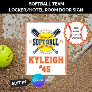 Modello di cartello per armadietto da softball, decorazioni per armadietto da softball, decorazione per porta di hotel da softball da viaggio, mamma da softball, cartelli per spogliatoio modificabili, fai da te