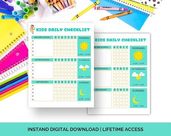 Kids Daily Checklist Printable, Daily Task Chart, Kids Planner, Kids To Do List, Chore Chart,   Kids School Checklist, Responsibility Chart