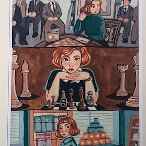 May include: A print featuring a woman with red hair in three scenes. The top scene shows her playing chess with others. The middle scene shows her looking at the chess board. The bottom scene shows her reading a newspaper.