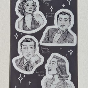 Old Hollywood stars vinyl sticker sheet, Myrna Loy, William Powell, Jimmy Stewart, Donna Reed
