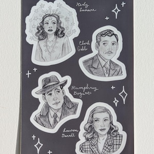 Old Hollywood stars vinyl sticker sheet, Hedy Lamarr, Clark Gable, Humphrey Bogart, Lauren Bacall