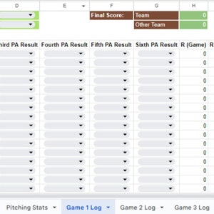 K&ouml;nnte beinhalten: Eine Tabelle mit Baseball-Spielstatistiken. Der obere Abschnitt enth&auml;lt Felder f&uuml;r Datum, Feld, Gegner und Endergebnis. Darunter befinden sich Spalten f&uuml;r Aufstellung, PA-Ergebnisse, Runs, RBIs und gestohlene Basen. Registerkarten unten umfassen Teamkader und Spielprotokolle.