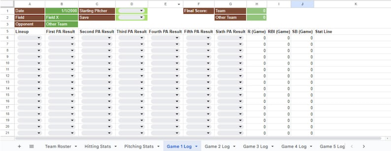 K&ouml;nnte beinhalten: Eine Tabelle mit Baseball-Spielstatistiken. Der obere Abschnitt enth&auml;lt Felder f&uuml;r Datum, Feld, Gegner und Endergebnis. Darunter befinden sich Spalten f&uuml;r Aufstellung, PA-Ergebnisse, Runs, RBIs und gestohlene Basen. Registerkarten unten umfassen Teamkader und Spielprotokolle.