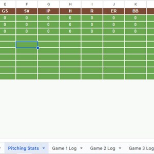 K&ouml;nnte beinhalten: Eine Tabelle mit Baseball-Pitching-Statistiken. Die Tabelle enth&auml;lt Spalten f&uuml;r ERA, G, GS, SV, IP, H, R, ER, BB, SO, BF und WHIP. Die ersten drei Zeilen listen Spieler A, Spieler B und Spieler C auf. Die Tabelle enth&auml;lt auch den Text "Add" und "1000 more rows at the bottom".