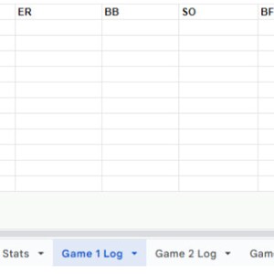 K&ouml;nnte beinhalten: Eine Tabellenkalkulations-Oberfl&auml;che mit Baseball-Statistiken. Oben links befindet sich eine Spalte mit der Bezeichnung "Pitchers" mit Dropdown-Men&uuml;s zur Auswahl von Zahlen. Weitere Spalten sind "IP", "H", "R", "ER", "BB", "SO" und "BF".