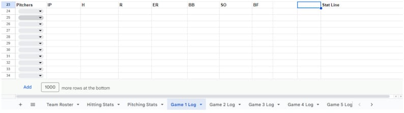 K&ouml;nnte beinhalten: Eine Tabellenkalkulations-Oberfl&auml;che mit Baseball-Statistiken. Oben links befindet sich eine Spalte mit der Bezeichnung "Pitchers" mit Dropdown-Men&uuml;s zur Auswahl von Zahlen. Weitere Spalten sind "IP", "H", "R", "ER", "BB", "SO" und "BF".