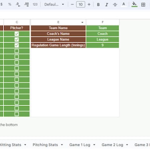 K&ouml;nnte beinhalten: Eine Tabelle mit einer Baseball-Teamliste. Die Tabelle enth&auml;lt Spalten f&uuml;r Spielernamen, Nummern und Pitcher-Status sowie Teamdetails wie Teamname, Trainer und Liga. Die regul&auml;re Spielzeit betr&auml;gt 9 Innings.
