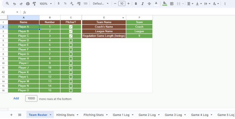 K&ouml;nnte beinhalten: Eine Tabelle mit einer Baseball-Teamliste. Die Tabelle enth&auml;lt Spalten f&uuml;r Spielernamen, Nummern und Pitcher-Status sowie Teamdetails wie Teamname, Trainer und Liga. Die regul&auml;re Spielzeit betr&auml;gt 9 Innings.