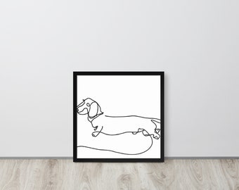 Black and White One-line drawing of Dachshund - Framed Wall Art