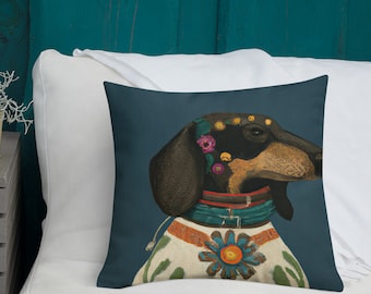 Frida Kahlo Boho Style Dachshund- Premium Pillow