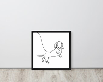 Black and White One-line drawing of Dachshund - Framed Wall Art