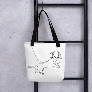 Black and White One-line Drawing Dachshund - Tote bag