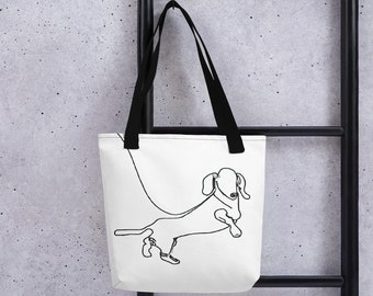 Black and White One-line Drawing Dachshund - Tote bag