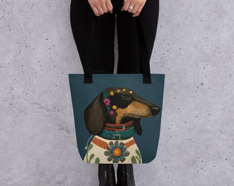 Frida Kahlo Boho Style Dachshund- Tote bag