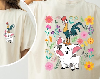 Two sided Retro 70S Floral Pua And Hei Hei Shirt Disney Moana shirt Moana Character Tee Disneyland Family Trip Outfit Comfort Colors 212368