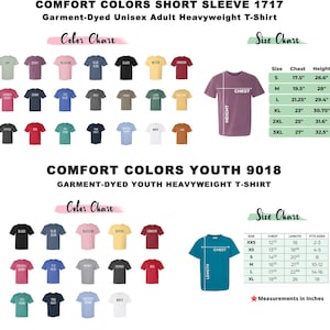 Puede incluir: Imagen de camisetas Comfort Colors, con tablas de colores para adultos y j&oacute;venes. Las tablas de tallas muestran las medidas de pecho y altura en pulgadas. El texto "COMFORT COLORS" es visible. Camisetas pesadas te&ntilde;idas con hilo.