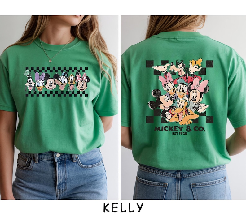 May include: A bright green t-shirt featuring a graphic of Disney characters including Mickey Mouse, Minnie Mouse, Donald Duck, Daisy Duck, Goofy, and Pluto. The front shows a horizontal checkered strip, while the back displays a larger group graphic with the text MICKEY & CO. EST 1928.