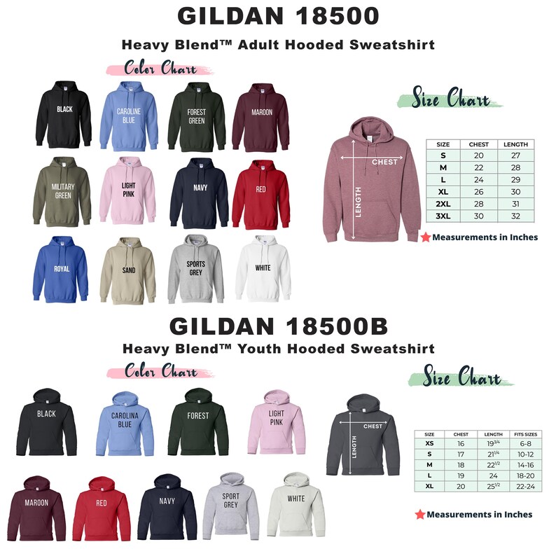 Op de afbeelding: Kleurenkaart voor Gildan 18500 en 18500B heavy blend hooded sweatshirts. De kaart toont verschillende kleuren voor volwassenen en kindermaten. De maattabel voor volwassenen toont maten S-3XL met borst- en lengtemaat in inches. De maattabel voor kinderen toont maten XS-XL met borst-, lengtemaat en leeftijdsindicatie in inches.