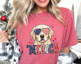 Camiseta Merica Golden Retriever, Camiseta Comfort Colors con la bandera estadounidense patriótica, 4 de julio de 2015.