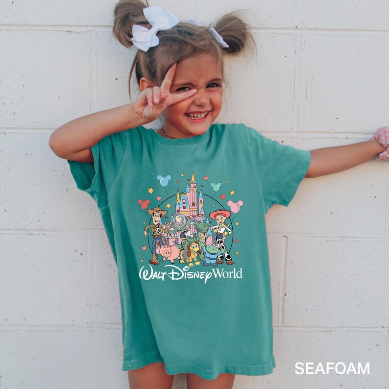 Puede incluir: Una camiseta turquesa con un gr&aacute;fico colorido de los personajes de Toy Story de Disney y un castillo, con el texto "Walt Disney World". La camiseta la lleva una persona joven.