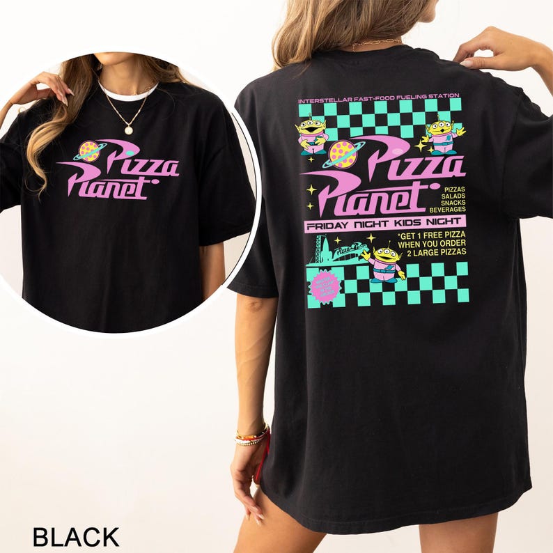Pizza Planet Checkered Toy Story Shirt, Comfort Colors Disney Aliens Tee, 213542 Bild 2