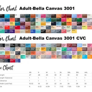 May include: A comprehensive color and size chart for Bella Canvas 3001 and 3001 CVC adult t-shirts. The image displays numerous color swatches with labels and a detailed size table listing body length, chest width, and neck size in inches.