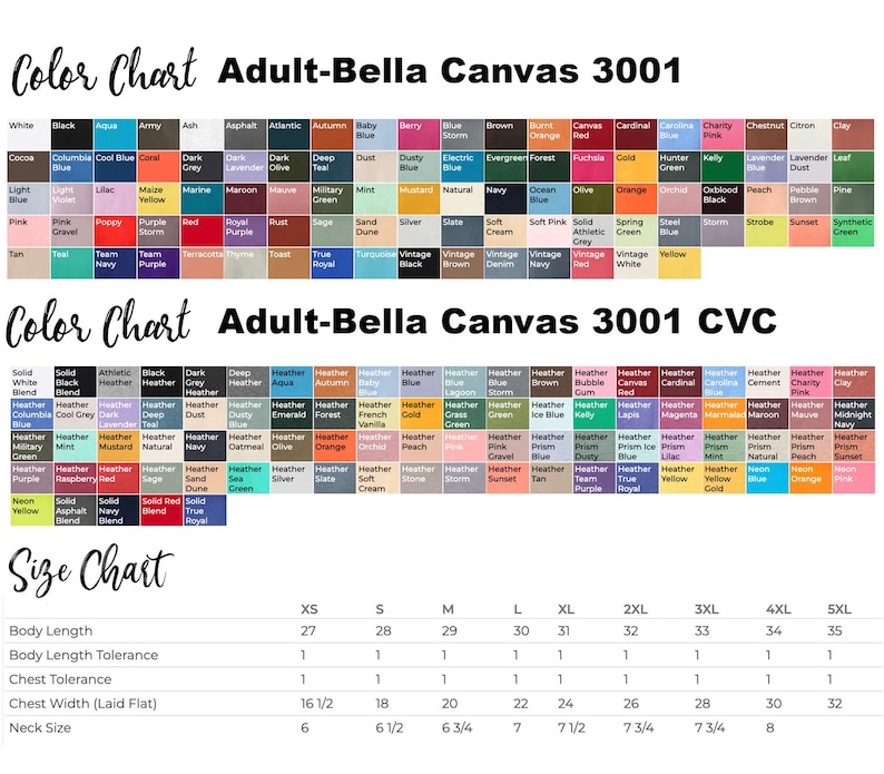 May include: A comprehensive color and size chart for Bella Canvas 3001 and 3001 CVC adult t-shirts. The image displays numerous color swatches with labels and a detailed size table listing body length, chest width, and neck size in inches.